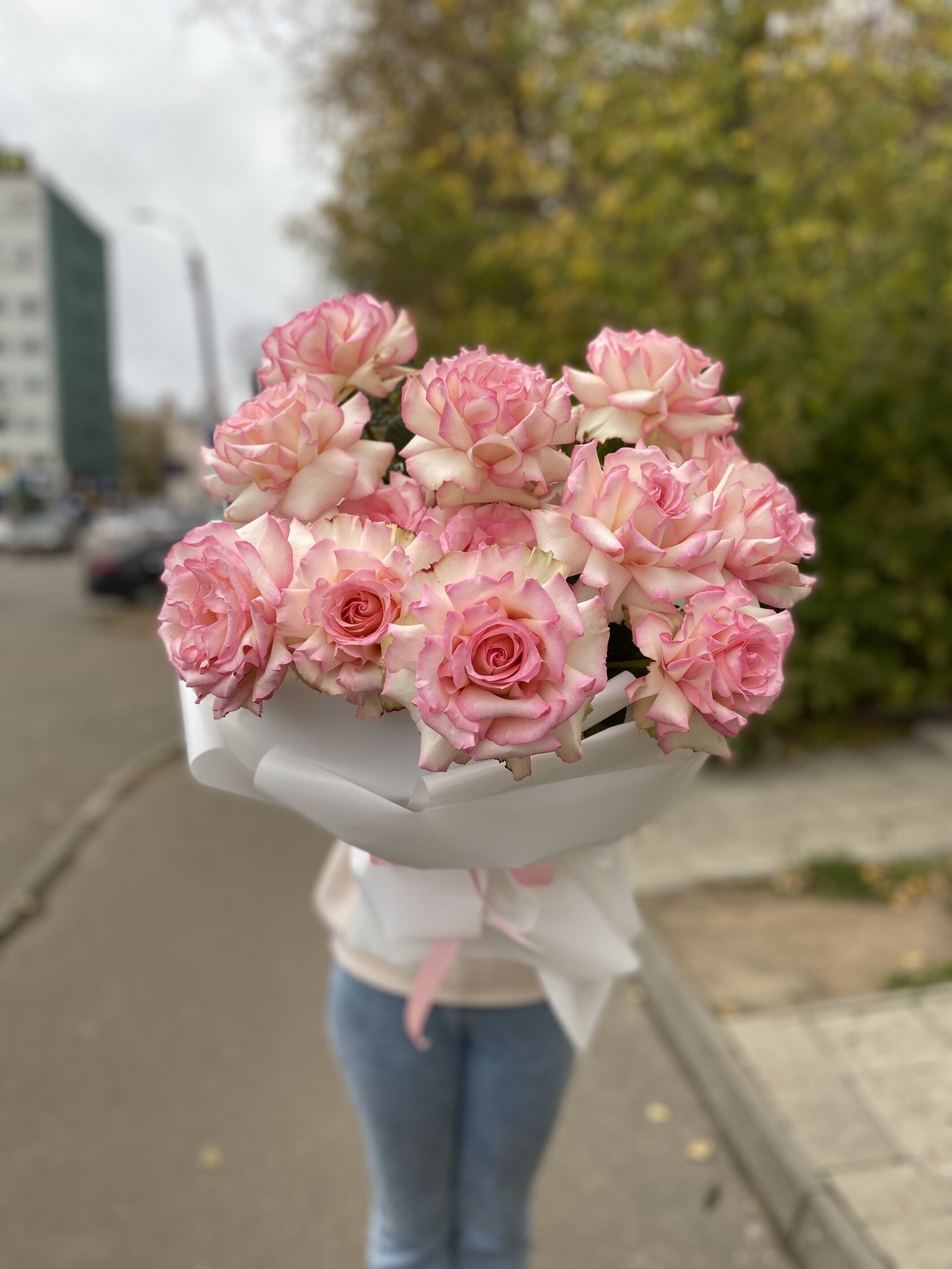 Букет из бело-розовых франзузских роз №144