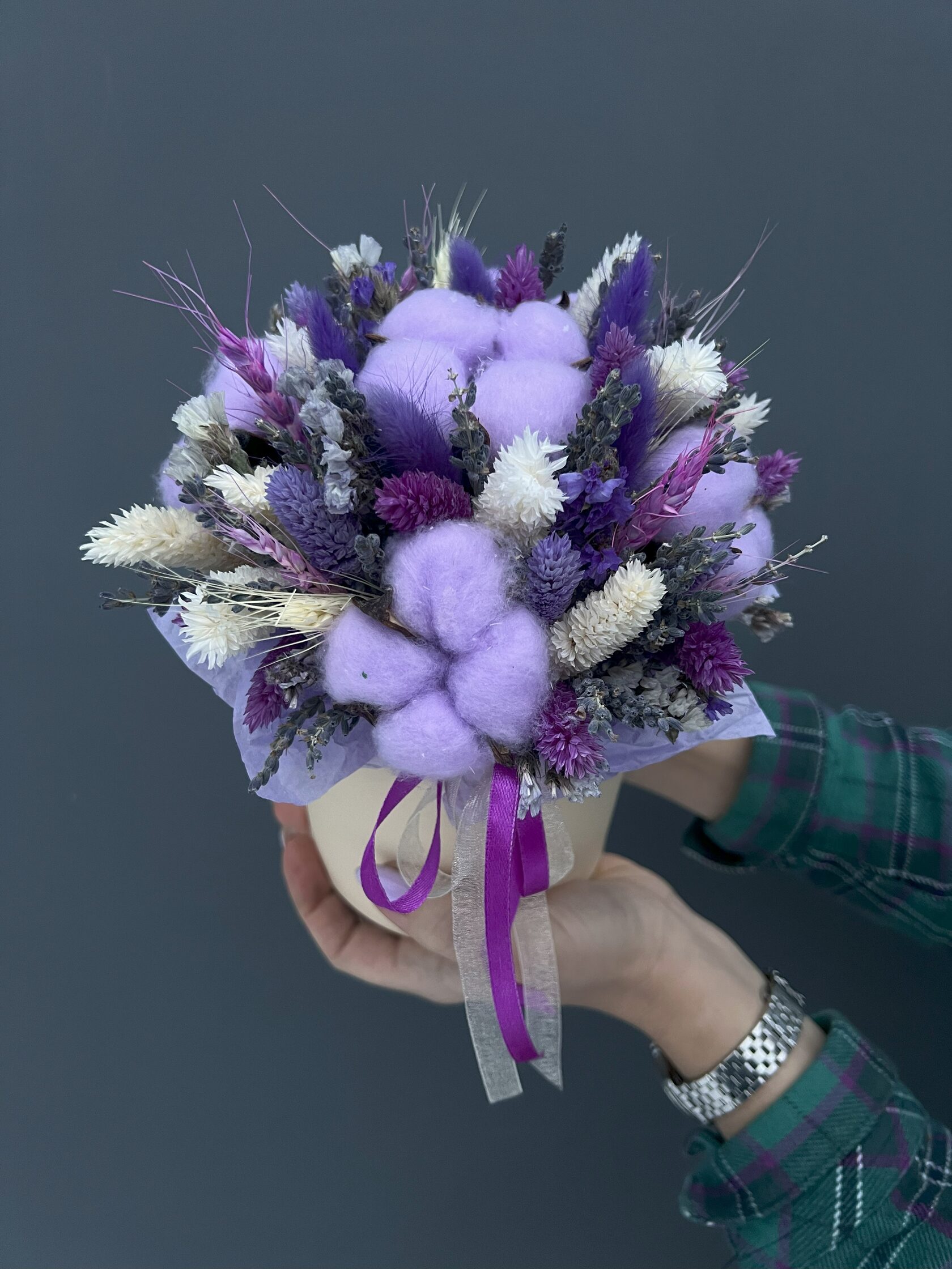 Композиция из сухоцветов: композиция из сухоцветов с добавлением хлопка №23