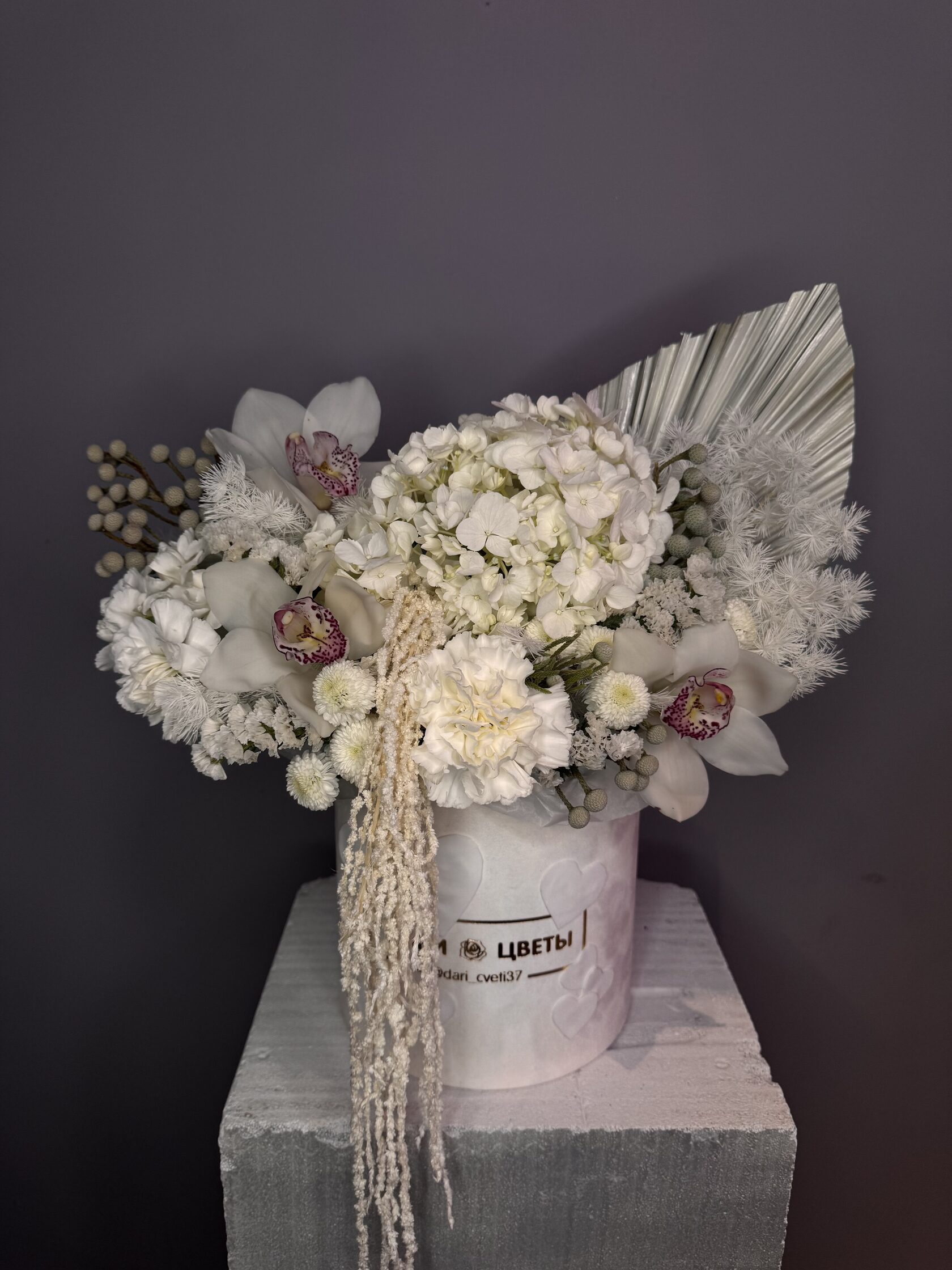 Коробка с гортензией, орхидеей, диантусами №111