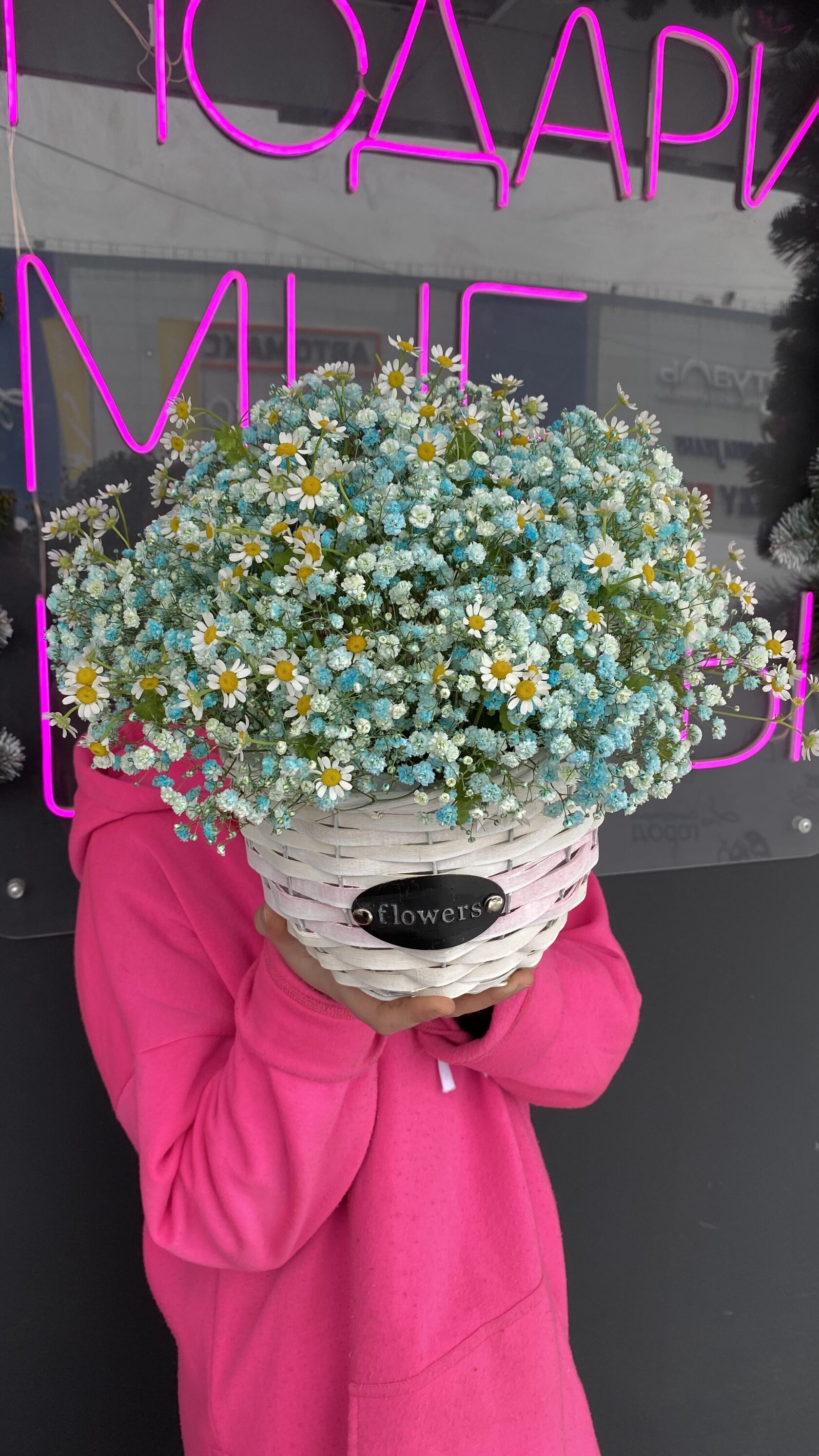 Корзина с гипсофилой и ромашками №29